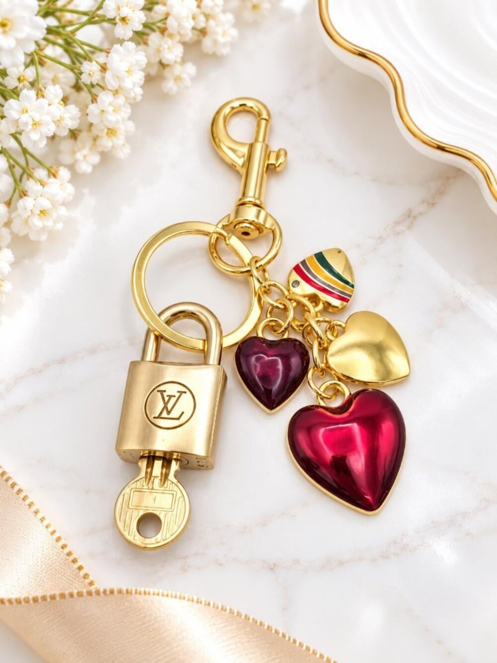 Authentic Louis Vuitton Gold Lock & Key 🔑Unbranded Hearts Keychain Charm
